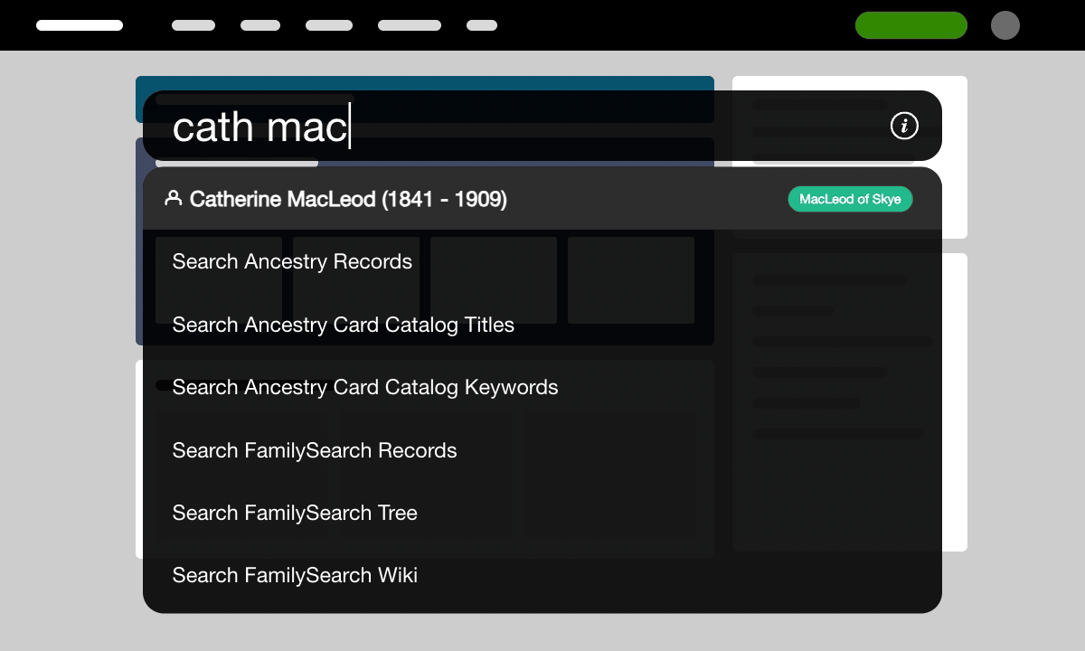 Quick Search opened with Alt + Q on five different pages, running a different search on each: a person from a family tree, a shared cM amount, one search on three sites, the 1851 England Census and a calendar month.