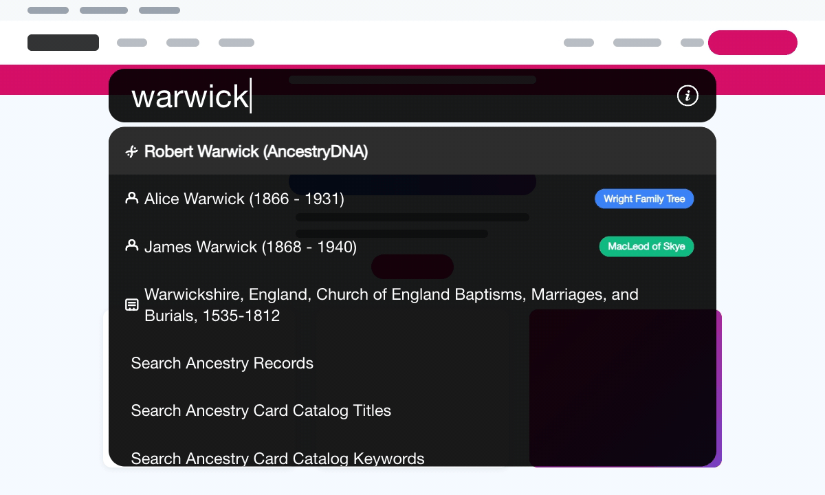 Typing warwick in Quick Search lists a DNA test, two people from different family trees, a matching Card Catalog collection and ready-made searches for other genealogy sites.
