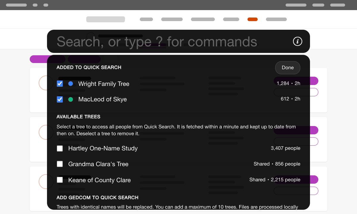 Clicking Settings in Quick Search shows the trees already added and the trees available, and ticking a tree adds it.