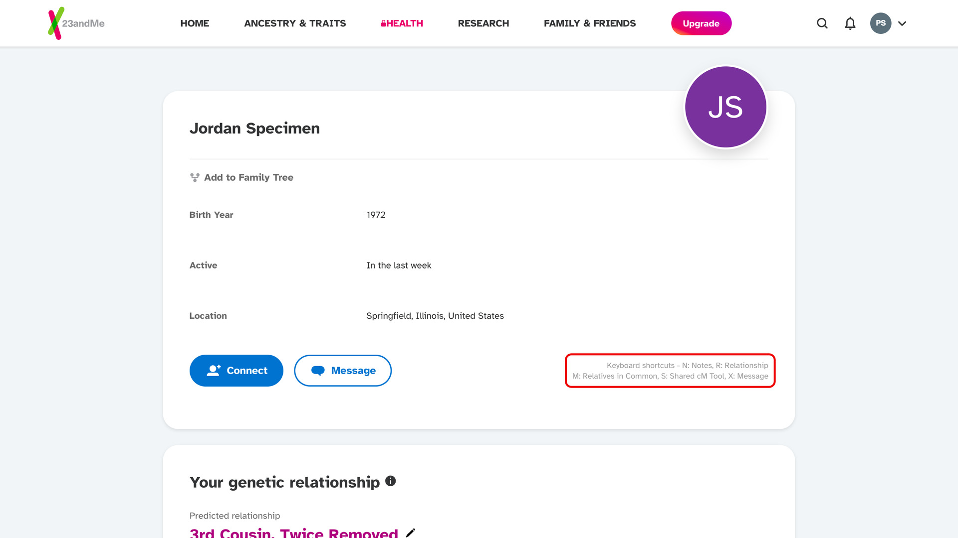 The top of a 23andMe match profile, with the two Keyboard shortcuts lines beside the Connect and Message buttons outlined in red, listing N, R, M, S and X.