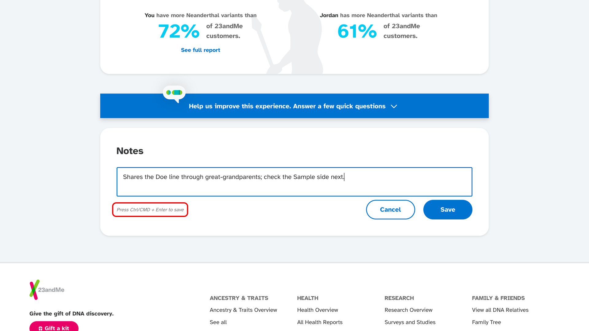 The Notes box on a 23andMe match profile with a note typed, and the line Press Ctrl/CMD + Enter to save outlined in red beside the Cancel and Save buttons.