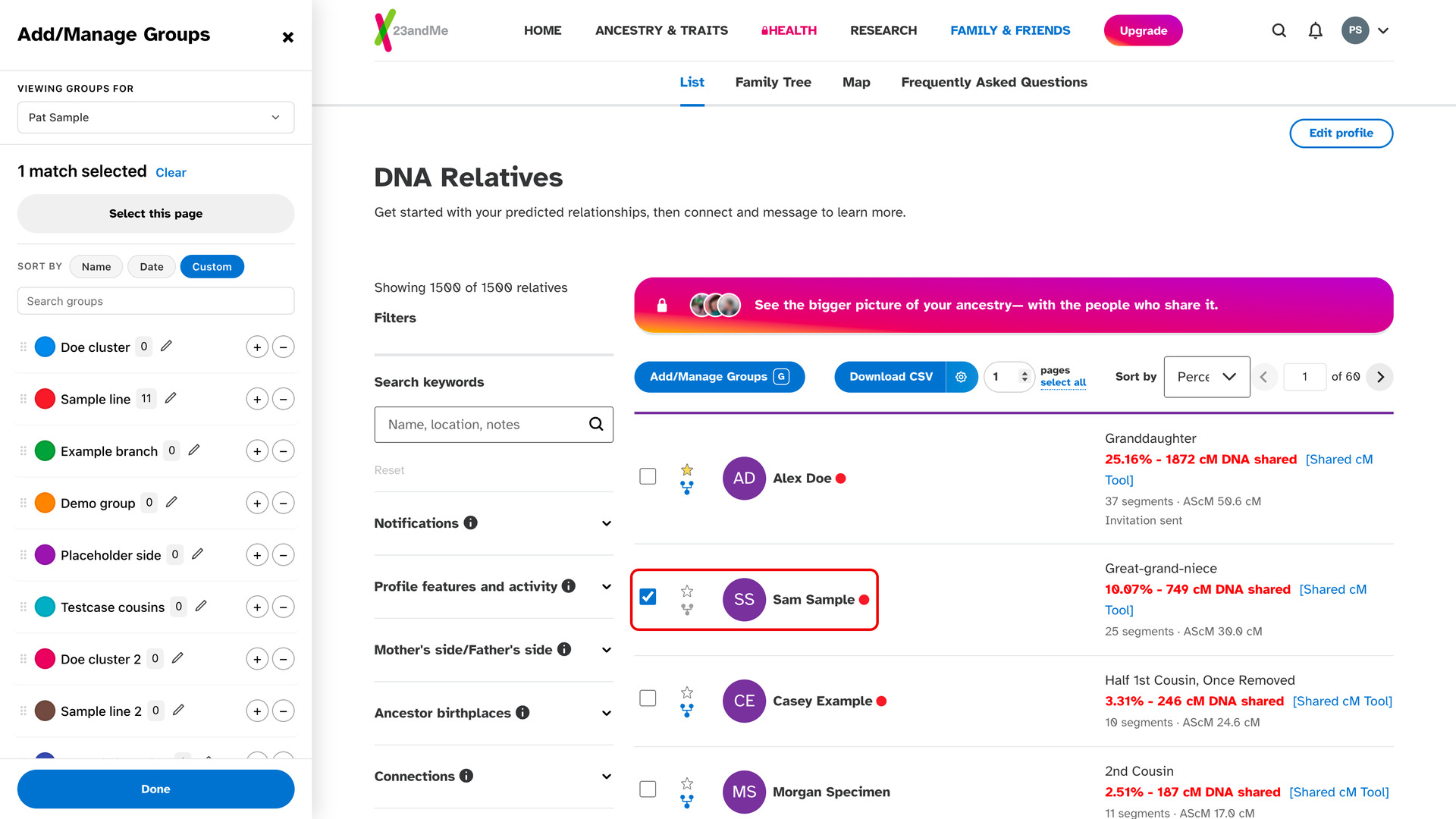 The Add/Manage Groups panel open beside the 23andMe DNA Relatives list after pressing G, with the hovered match ticked and outlined in red.