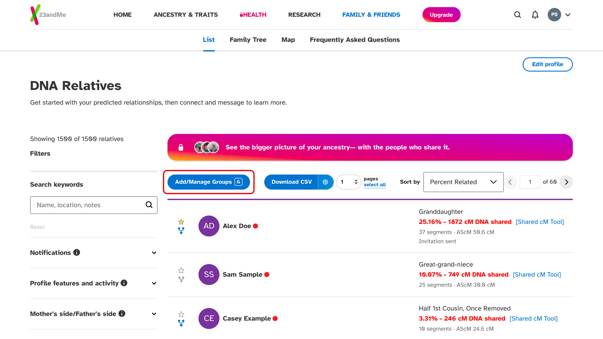 The top of the 23andMe DNA Relatives list, with the Add/Manage Groups button and its G key outlined in red.