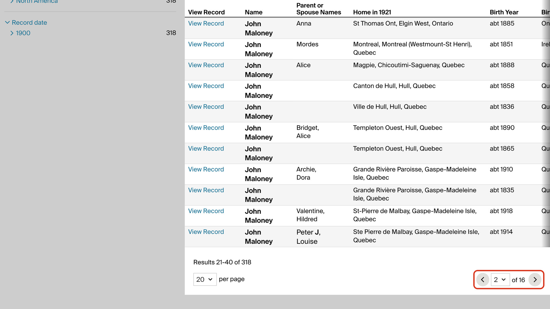 The bottom of an Ancestry search results list for the 1921 Census of Canada on page 2, with the previous page button, the page box showing 2 of 16 and the next page button outlined in red.