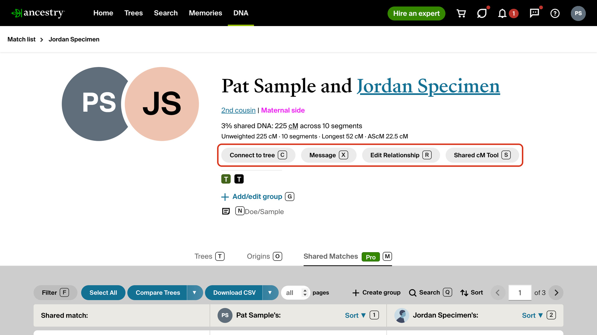 The top of an AncestryDNA match page with a letter badge on each of the Connect to tree, Message, Edit Relationship and Shared cM Tool buttons, outlined in red, and badges on Add/edit group, the note and the Trees, Origins and Shared Matches tabs.