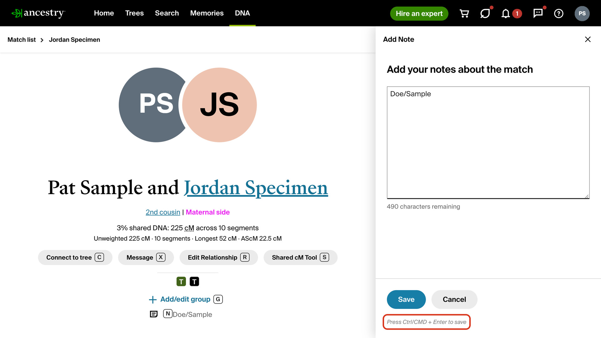 The Add Note panel on an AncestryDNA match page, with a note in the box and the line Press Ctrl/CMD + Enter to save under the Save and Cancel buttons outlined in red.