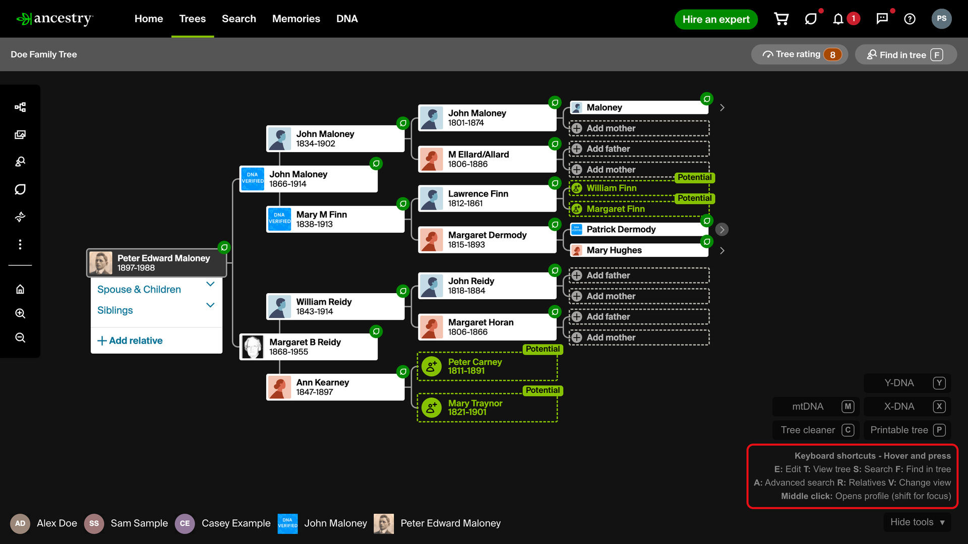 An Ancestry family tree in the horizontal view, with the Genealogy Assistant panel of tree buttons in the bottom right corner and the keyboard shortcut guide under it outlined in red.