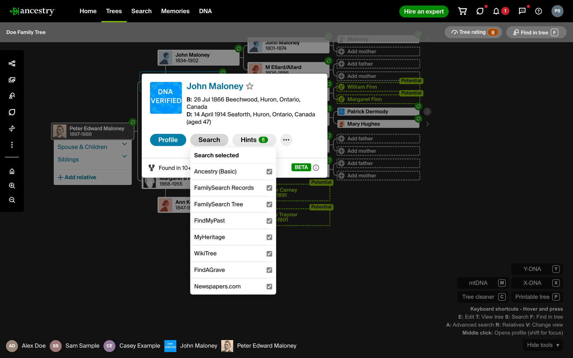 John Maloney's card open on the tree, with the age at death at the end of the death line, and the Advanced Search menu open under the Search button listing Search selected and eight sites, each with a tick box.