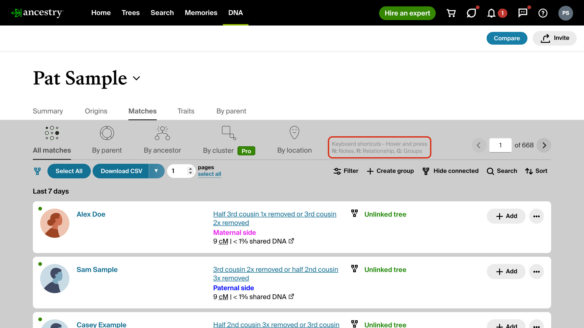 The top of the AncestryDNA match list, with the line Keyboard shortcuts - Hover and press N: Notes, R: Relationship, G: Groups outlined in red beside the page controls.