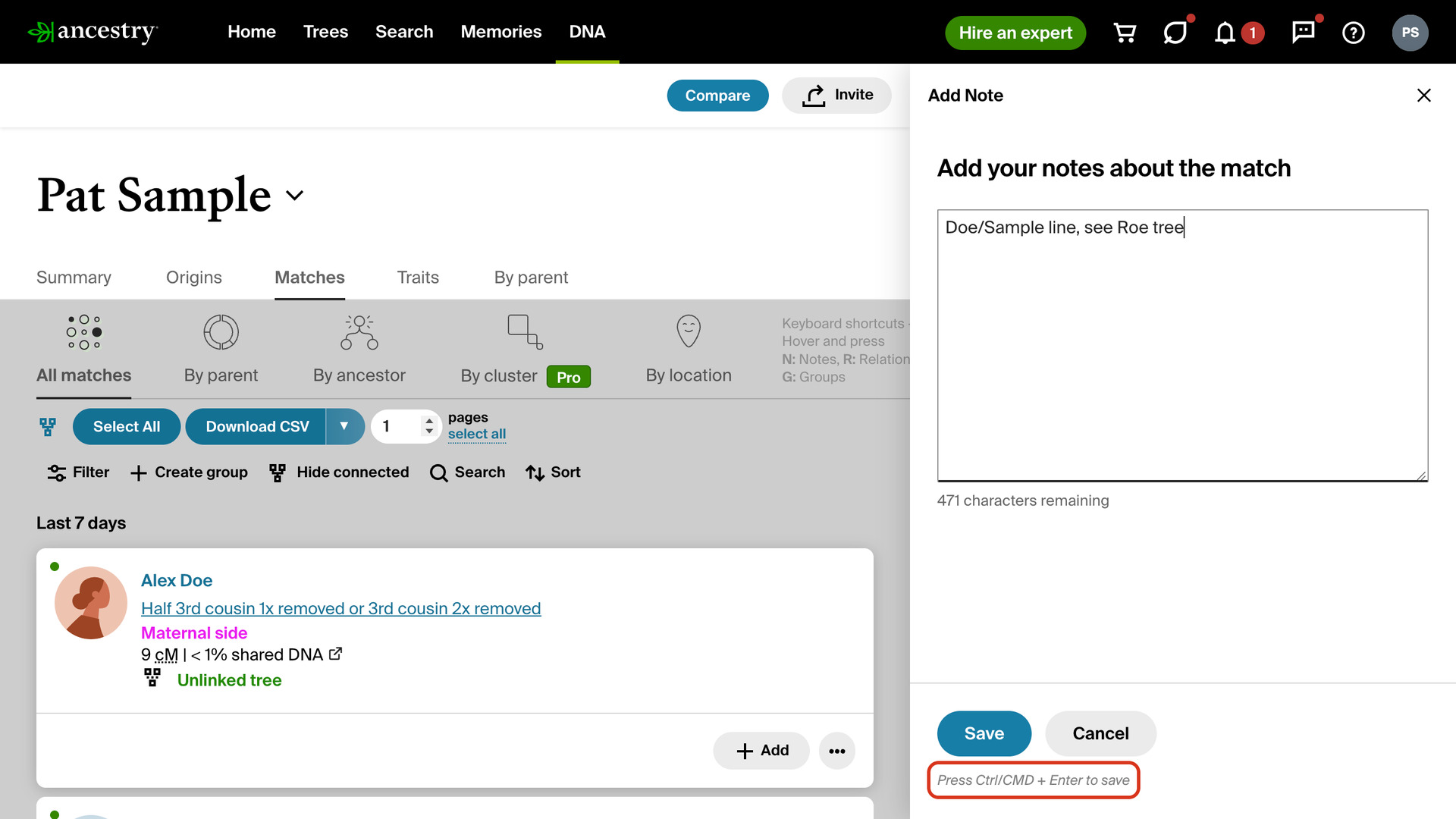 The Add Note panel open beside the AncestryDNA match list, with a note in the box and the line Press Ctrl/CMD + Enter to save under the Save and Cancel buttons outlined in red.
