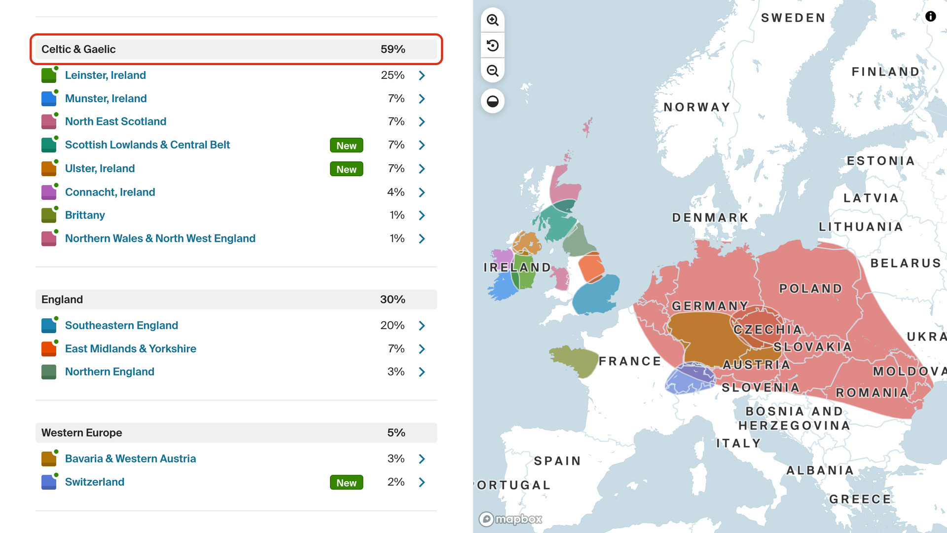 Ancestry's Origins regions list beside the map, with totals on the group headings (Celtic & Gaelic 59%, England 30%, Western Europe 5%) and the Celtic & Gaelic heading outlined in red.