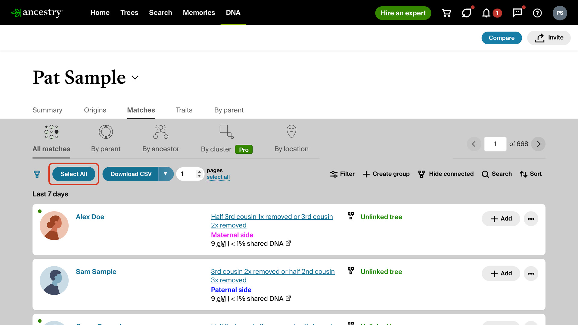 The top of the AncestryDNA match list, with the Select All button in the filters toolbar beside Download CSV outlined in red.