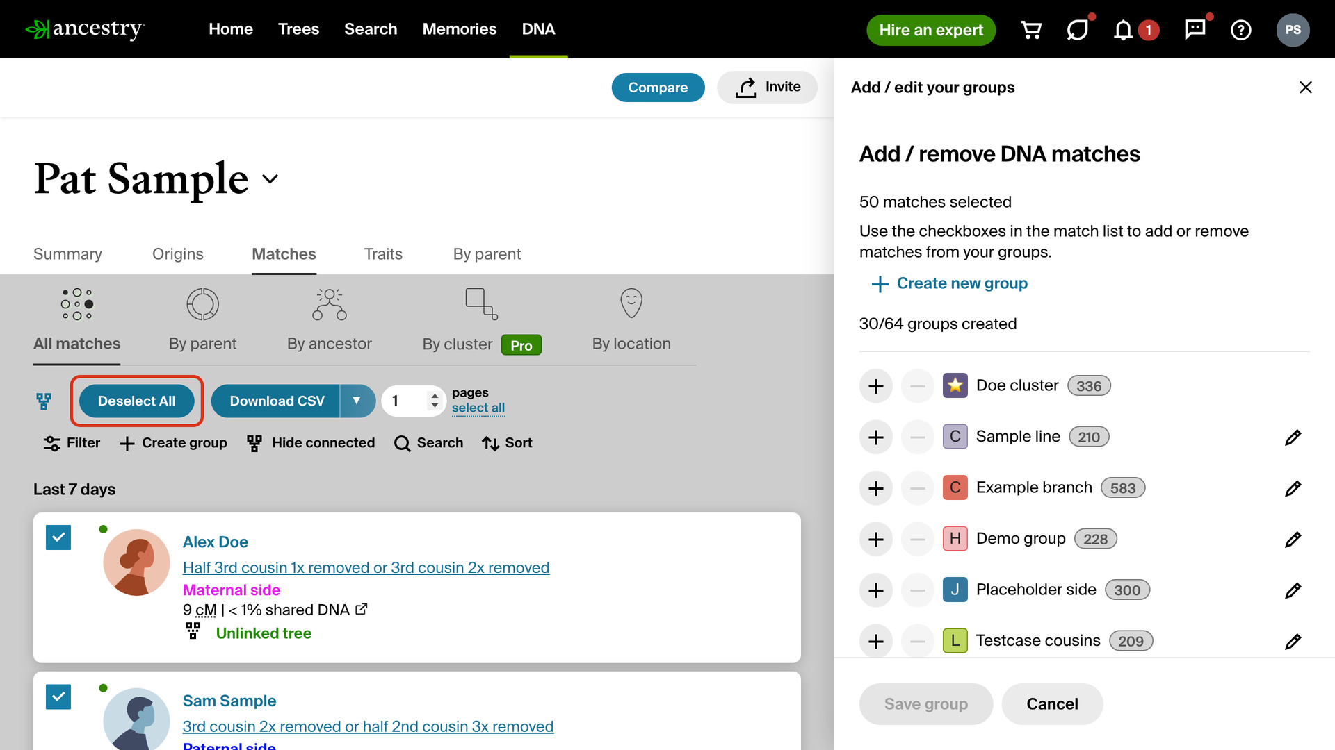 The AncestryDNA match list after Select All, with every match ticked, the button now reading Deselect All outlined in red, and Ancestry's groups panel open at the right showing 50 matches selected.