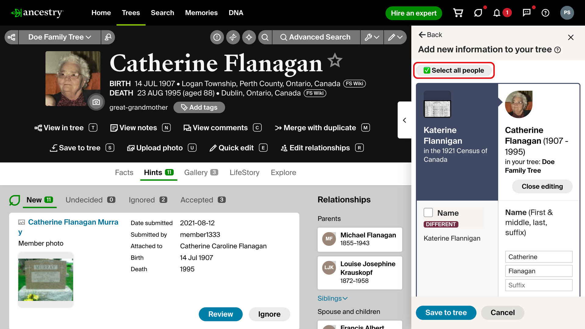The hint sidebar on an Ancestry person's Hints tab at Add new information to your tree, with the Select all people button at the top of the sidebar outlined in red.