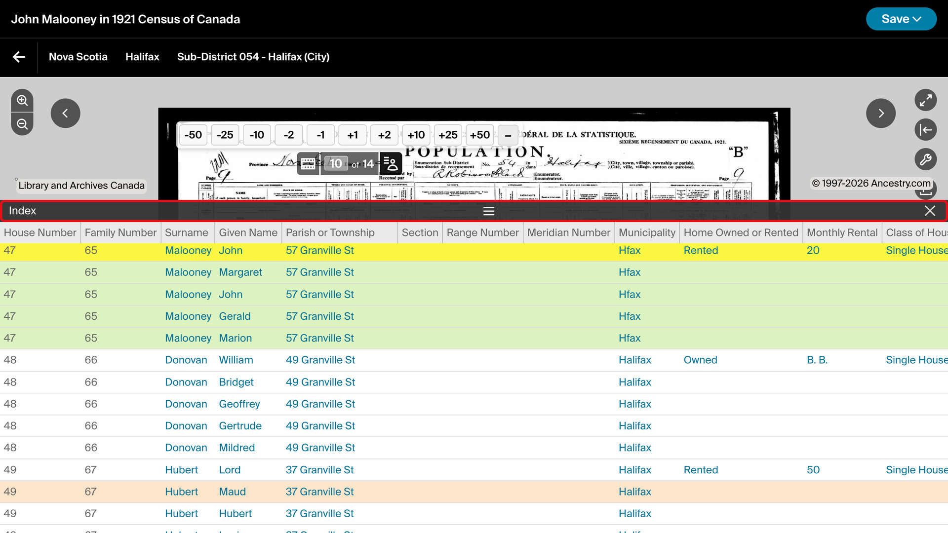 Ancestry's image viewer with the index panel stretched to most of the height of the window, listing the people indexed on the image, and the panel's header outlined in red.
