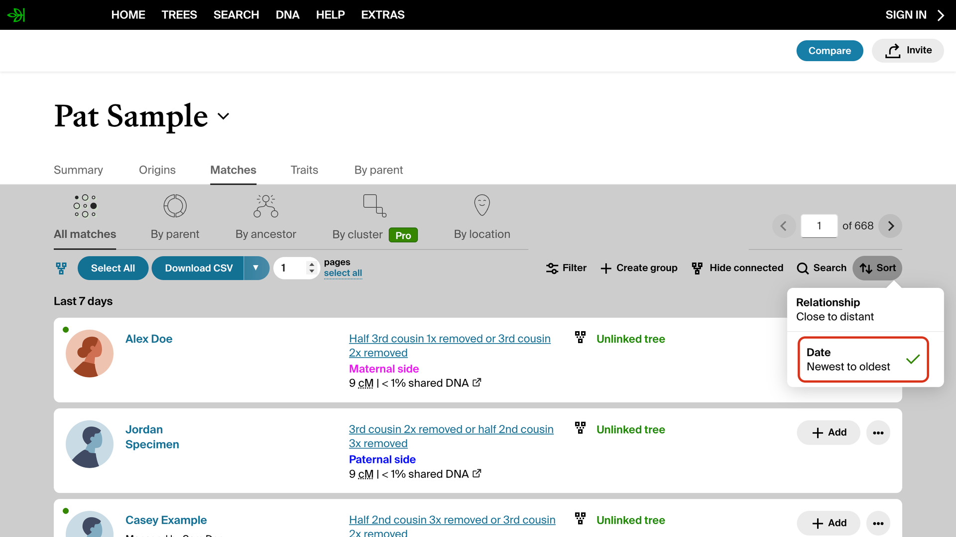 The AncestryDNA match list opened to the newest matches under Last 7 days, with Ancestry's Sort menu open and its ticked Date, Newest to oldest option outlined in red.