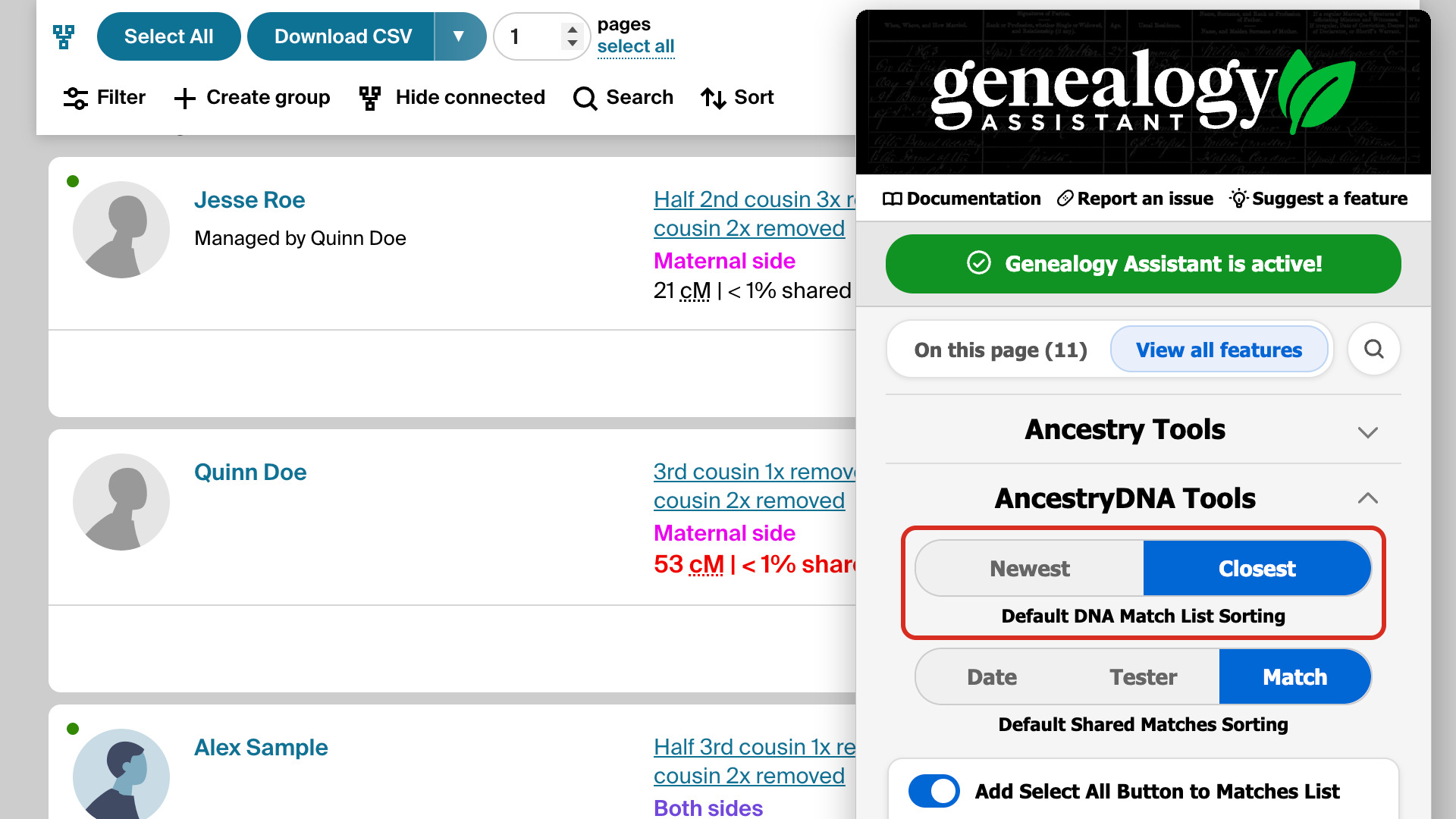 The Genealogy Assistant pop-up over the Ancestry match list, with View all features selected and Default DNA Match List Sorting on Closest outlined in red.