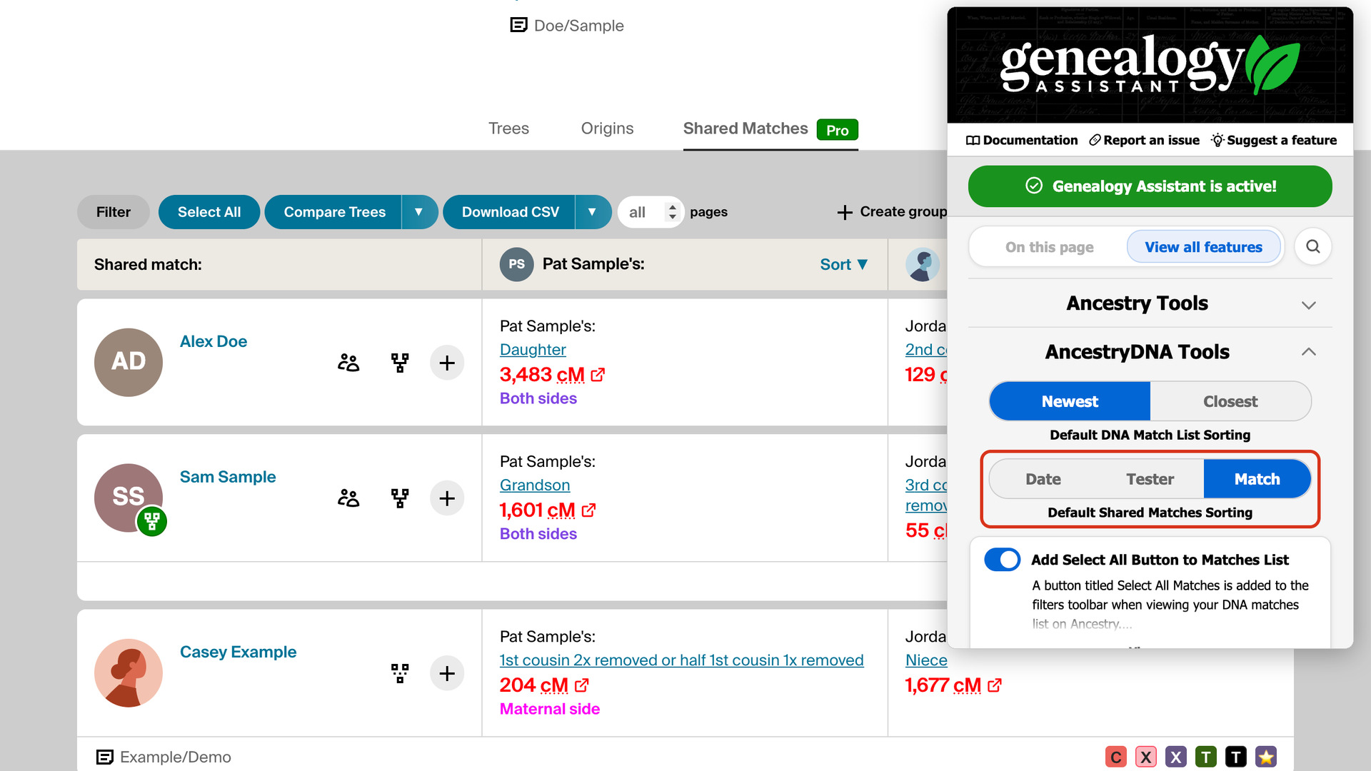 The Genealogy Assistant pop-up open over an Ancestry shared matches page, at AncestryDNA Tools, with the Default Shared Matches Sorting switch set to Match outlined in red.