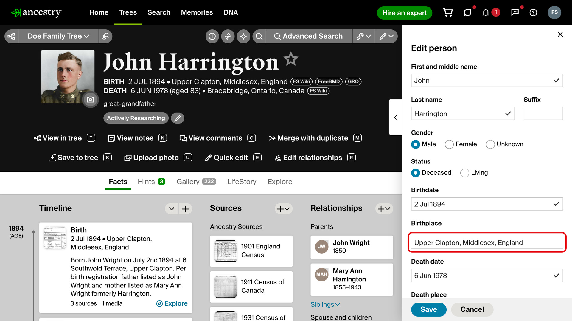 Ancestry's quick edit panel open on John Harrington's profile, with the Birthplace box, changed from capitals to Upper Clapton, Middlesex, England, outlined in red.