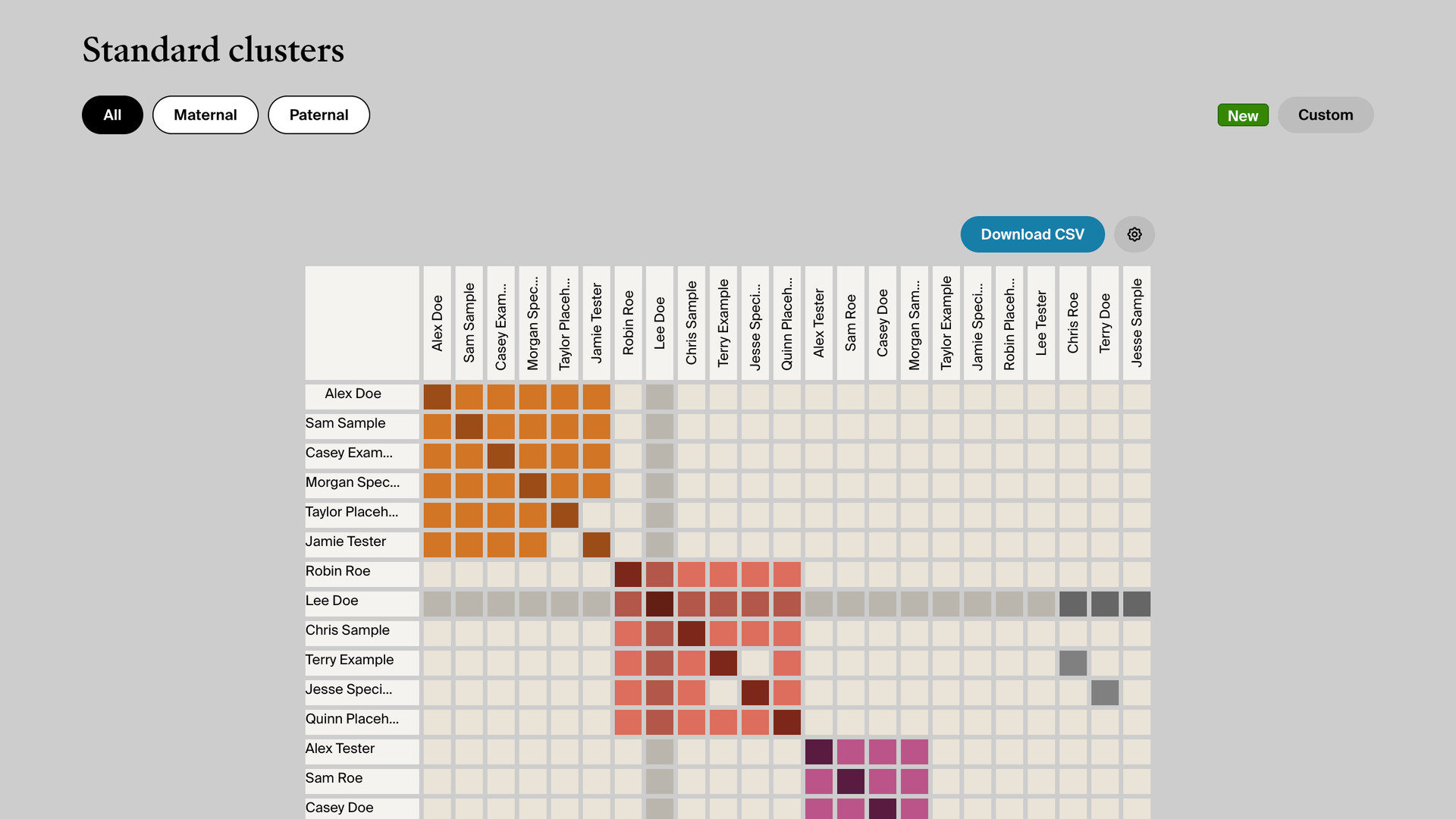 The AncestryDNA clusters grid with match names written straight down the column headers and the Lee Doe row and its column shaded.