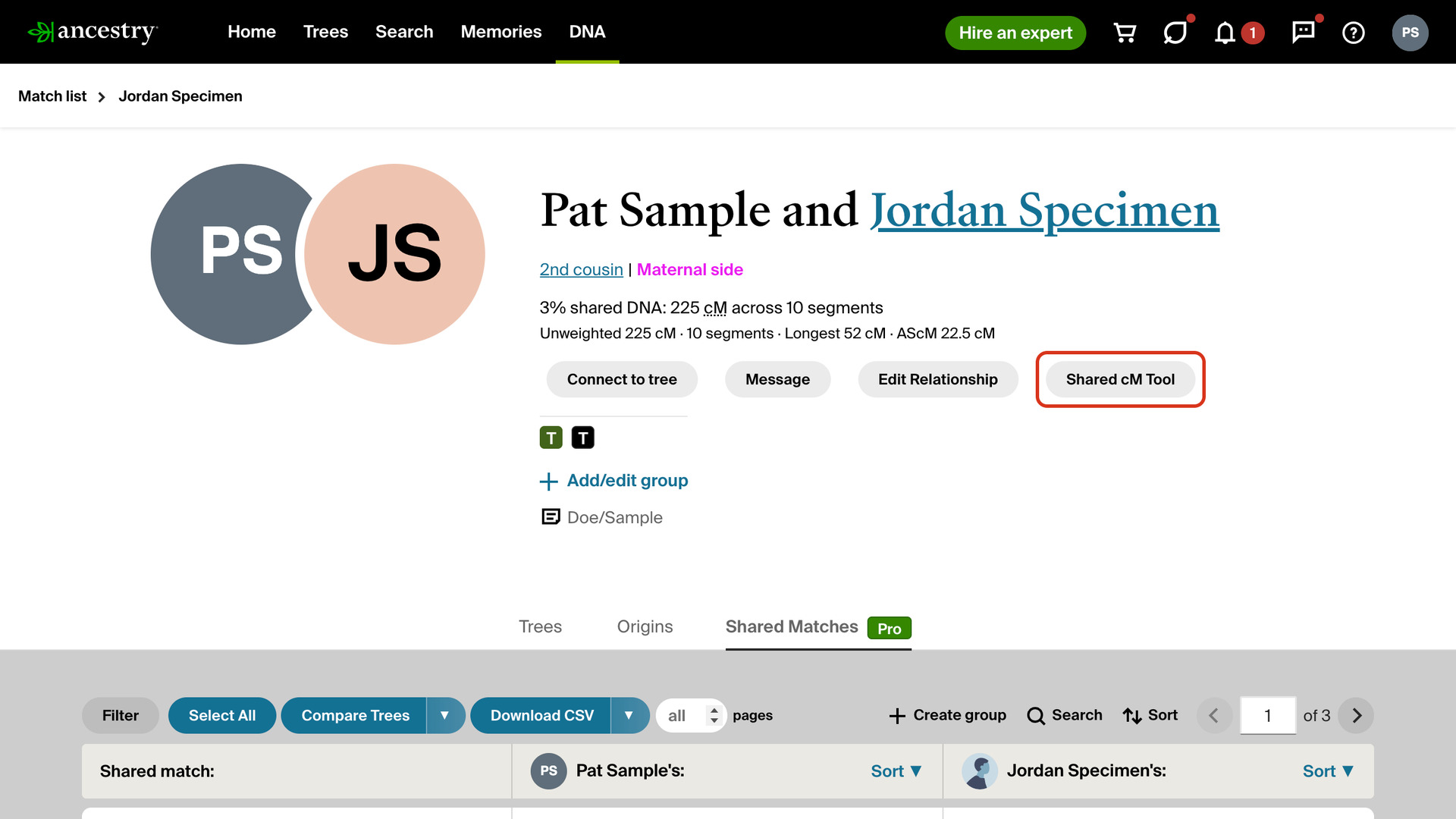 The header of an AncestryDNA match page, with the Shared cM Tool button outlined in red beside Ancestry's own buttons, above the match's tabs.