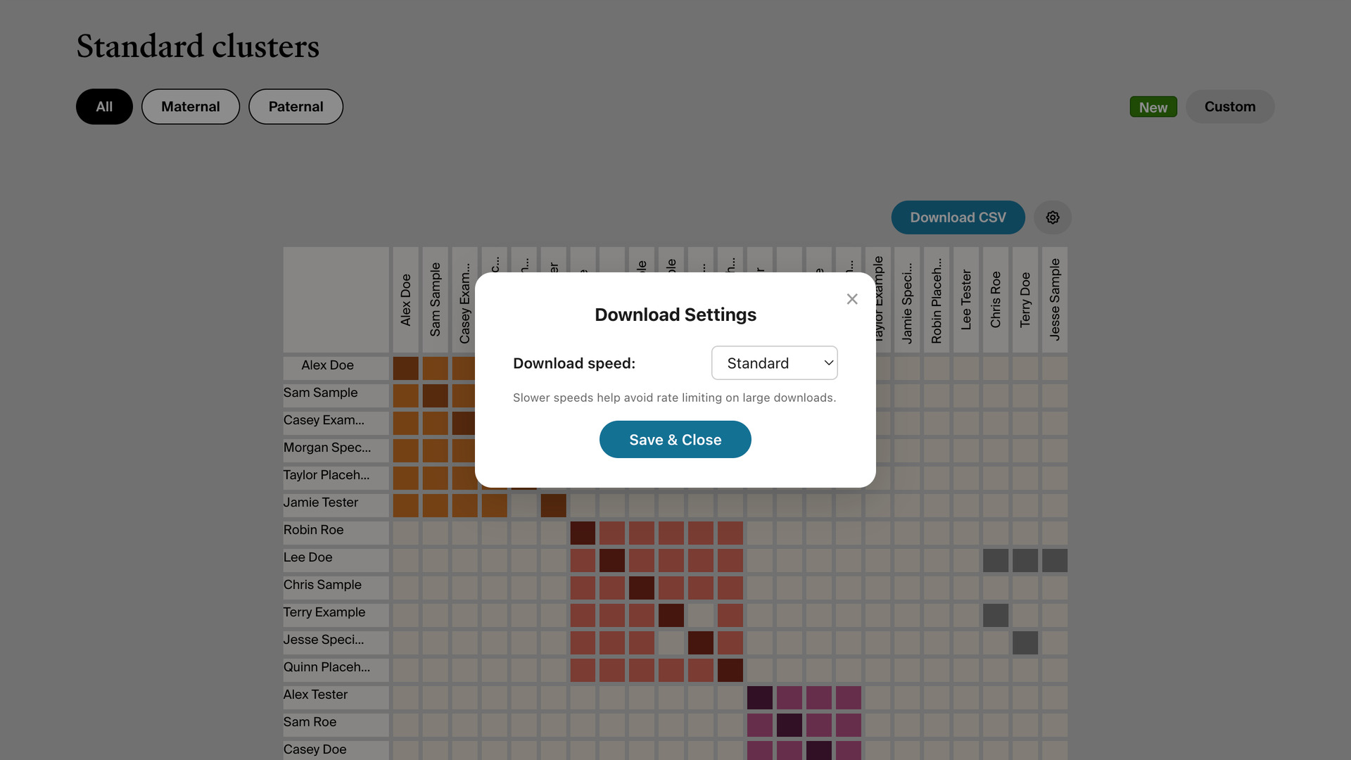 The Download Settings window over the clusters grid, with Download speed set to Standard and a Save & Close button.