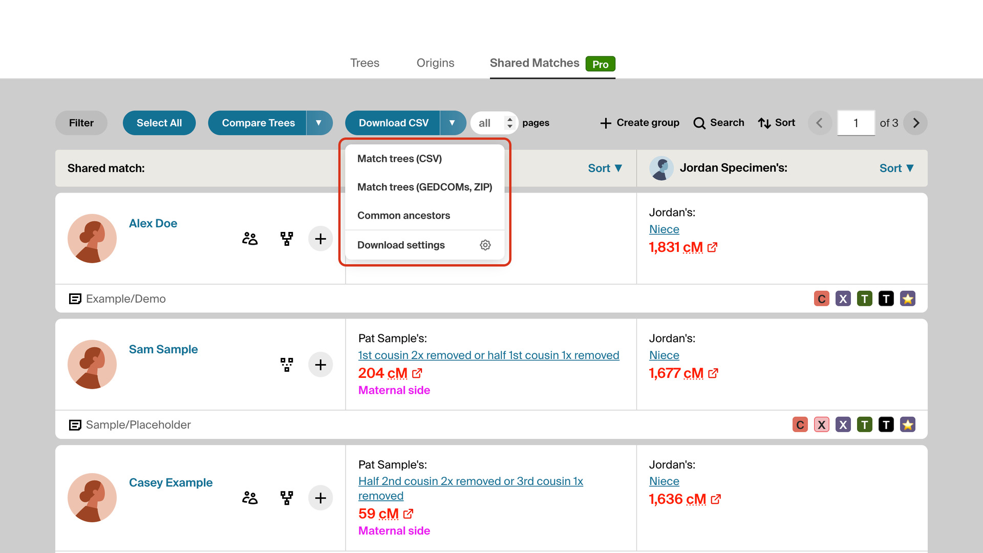 The Download CSV arrow menu open under the button on the shared match list, with Match trees (CSV), Match trees (GEDCOMs, ZIP), Common ancestors and Download settings, outlined in red.