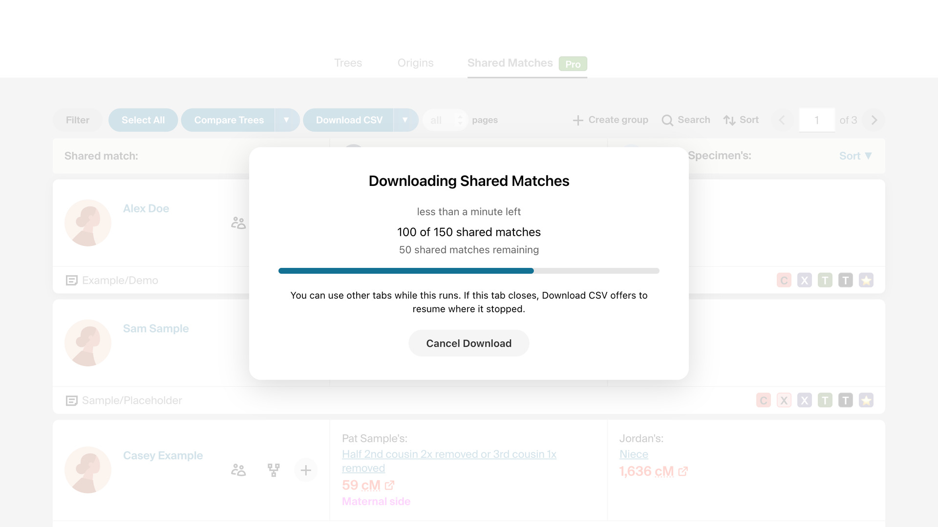 The Downloading Shared Matches window over the shared match list, showing less than a minute left, 100 of 150 shared matches, a progress bar and a Cancel Download button.
