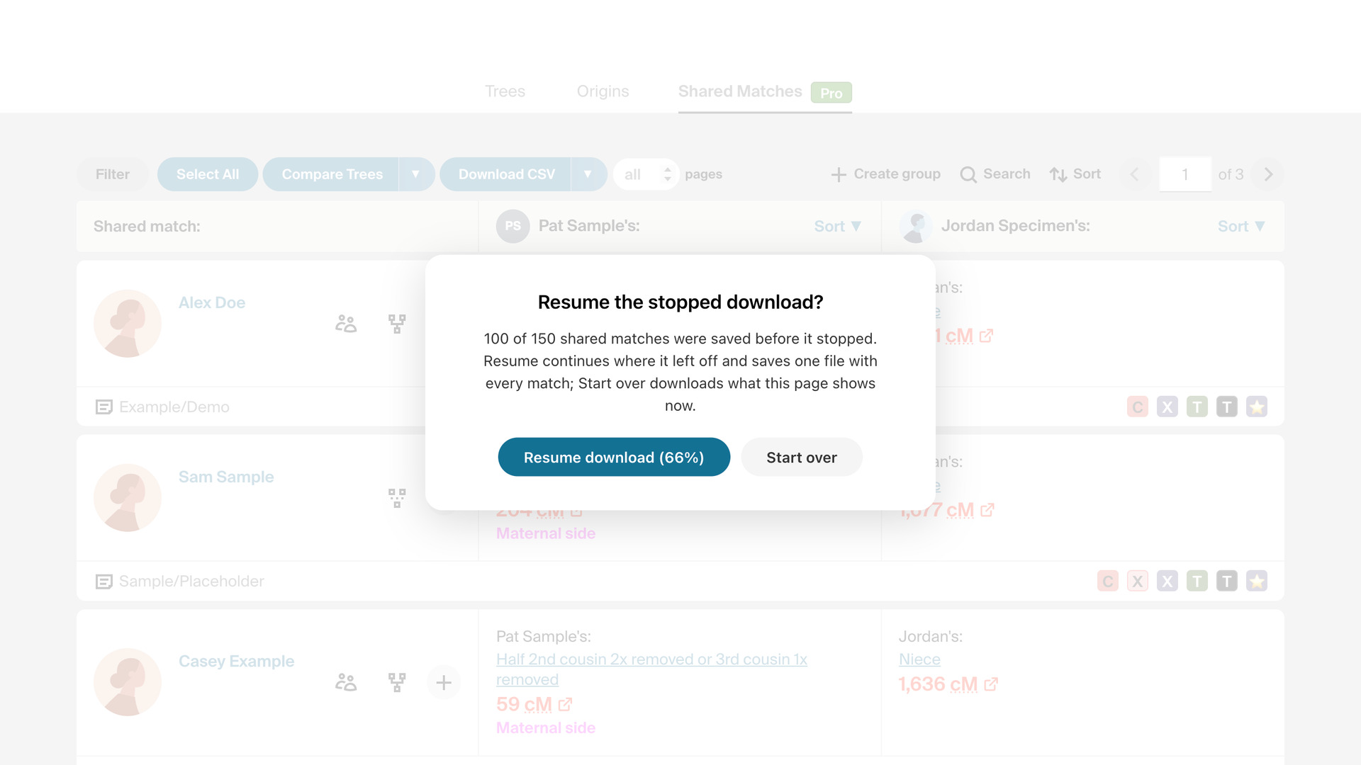 The Resume the stopped download? window over the shared match list, saying 100 of 150 shared matches were saved, with Resume download (66%) and Start over buttons.