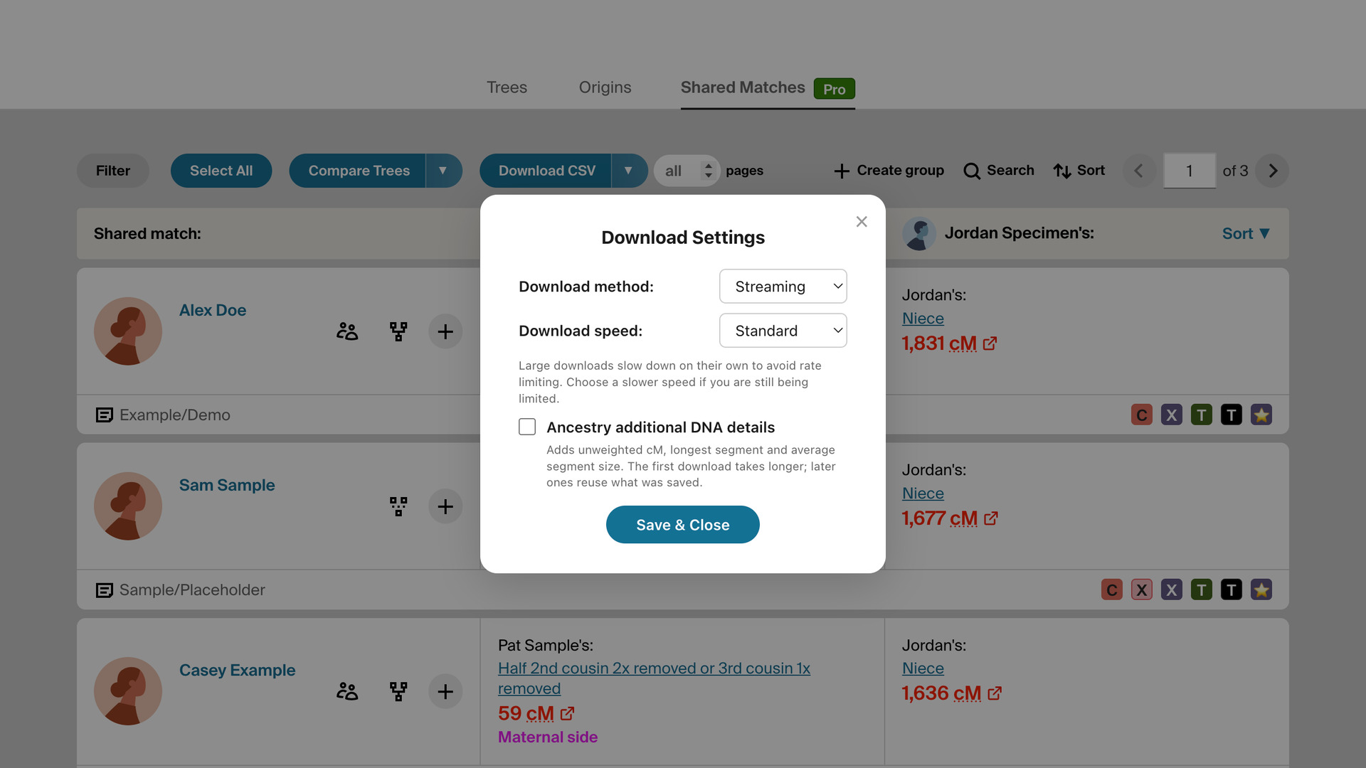 The Download Settings window over the shared matches, with Download method set to Streaming, Download speed set to Standard, the Ancestry additional DNA details checkbox and a Save & Close button.
