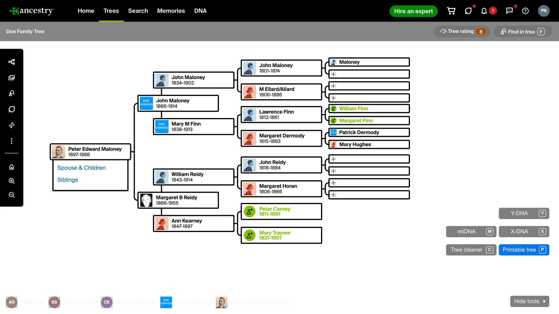 The same family tree with Printable tree turned on: a white background, black text, thick black lines and black borders round each person, with the hint and arrow icons gone.