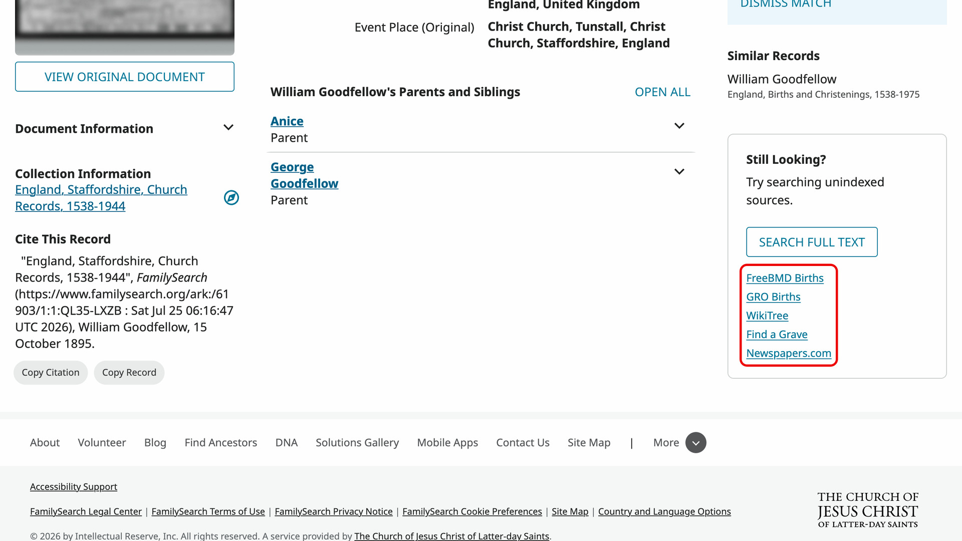 The Still Looking? section of a FamilySearch baptism record, with the list of searches that replaced Search Other Sites, from FreeBMD Births to Newspapers.com, outlined in red under Search Full Text.
