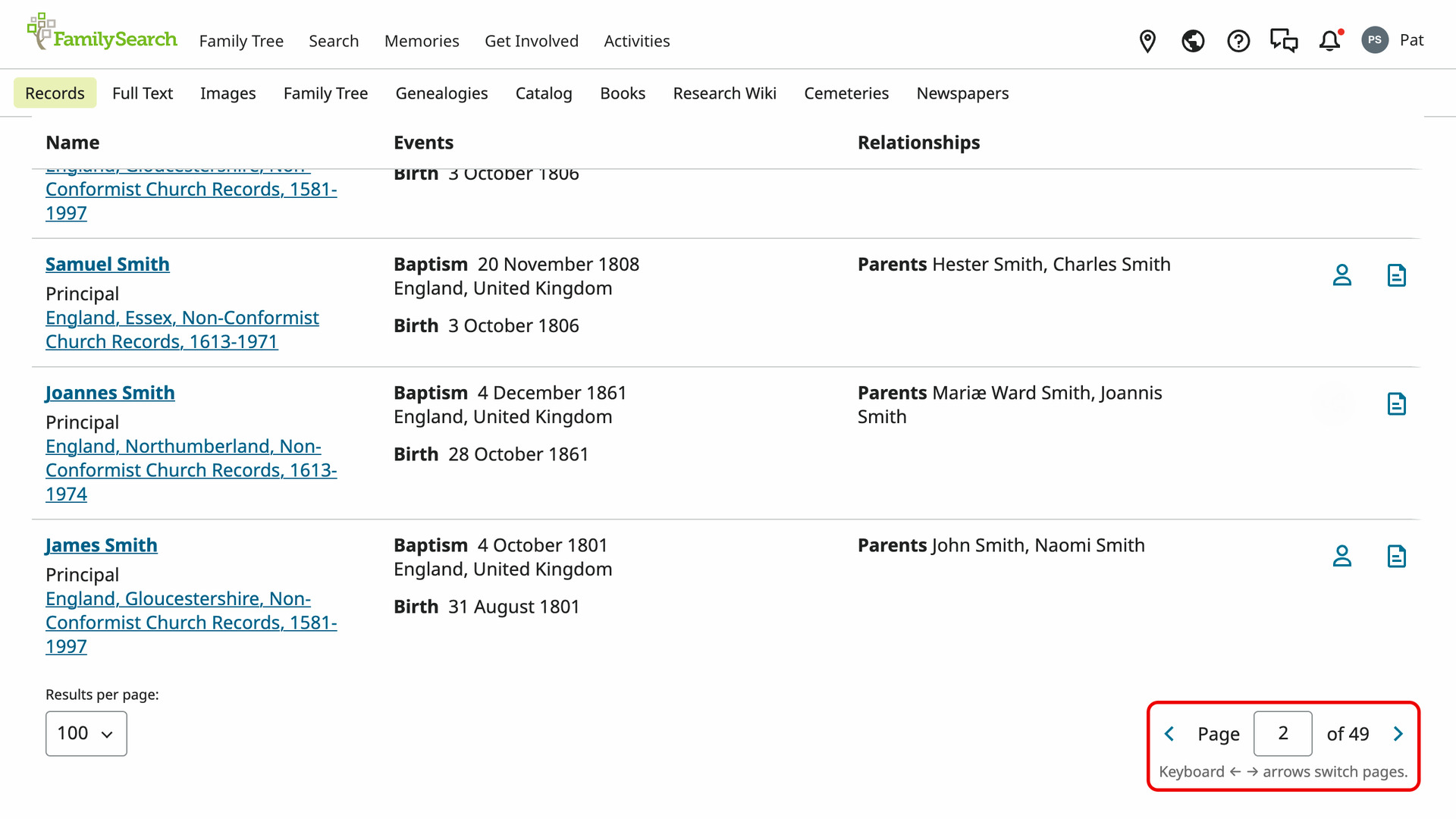The bottom of a FamilySearch record search results page on page 2, with the page buttons and the line Keyboard ← → arrows switch pages. under them outlined in red.