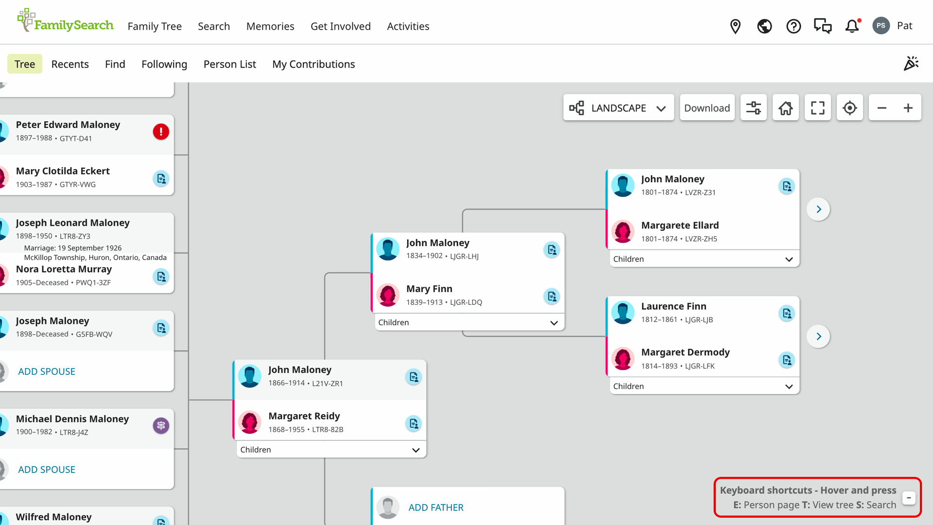 The FamilySearch Family Tree in the Landscape view for John Maloney (1866 to 1914), with the keyboard shortcut guide at the bottom right reading E: Person page T: View tree S: Search outlined in red.