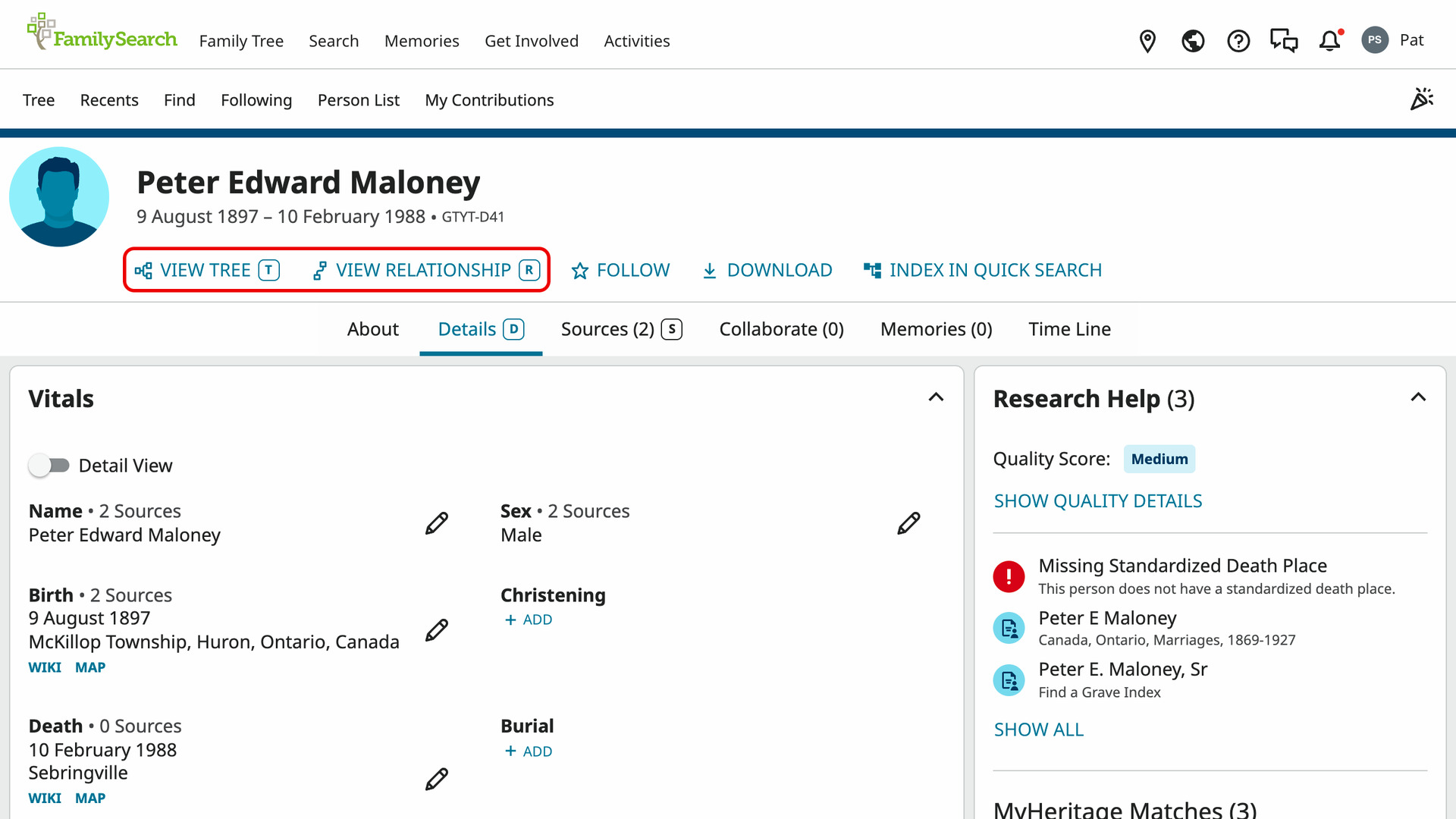 The top of a FamilySearch person page for Peter Edward Maloney, with the T and R keys after View Tree and View Relationship outlined in red, and the D and S keys on the Details and Sources tabs below.