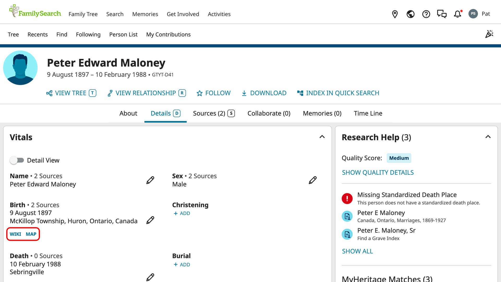 A FamilySearch person details page with a line of Wiki and Map links under each place in the Vitals section; the pair under the birth place is outlined in red.