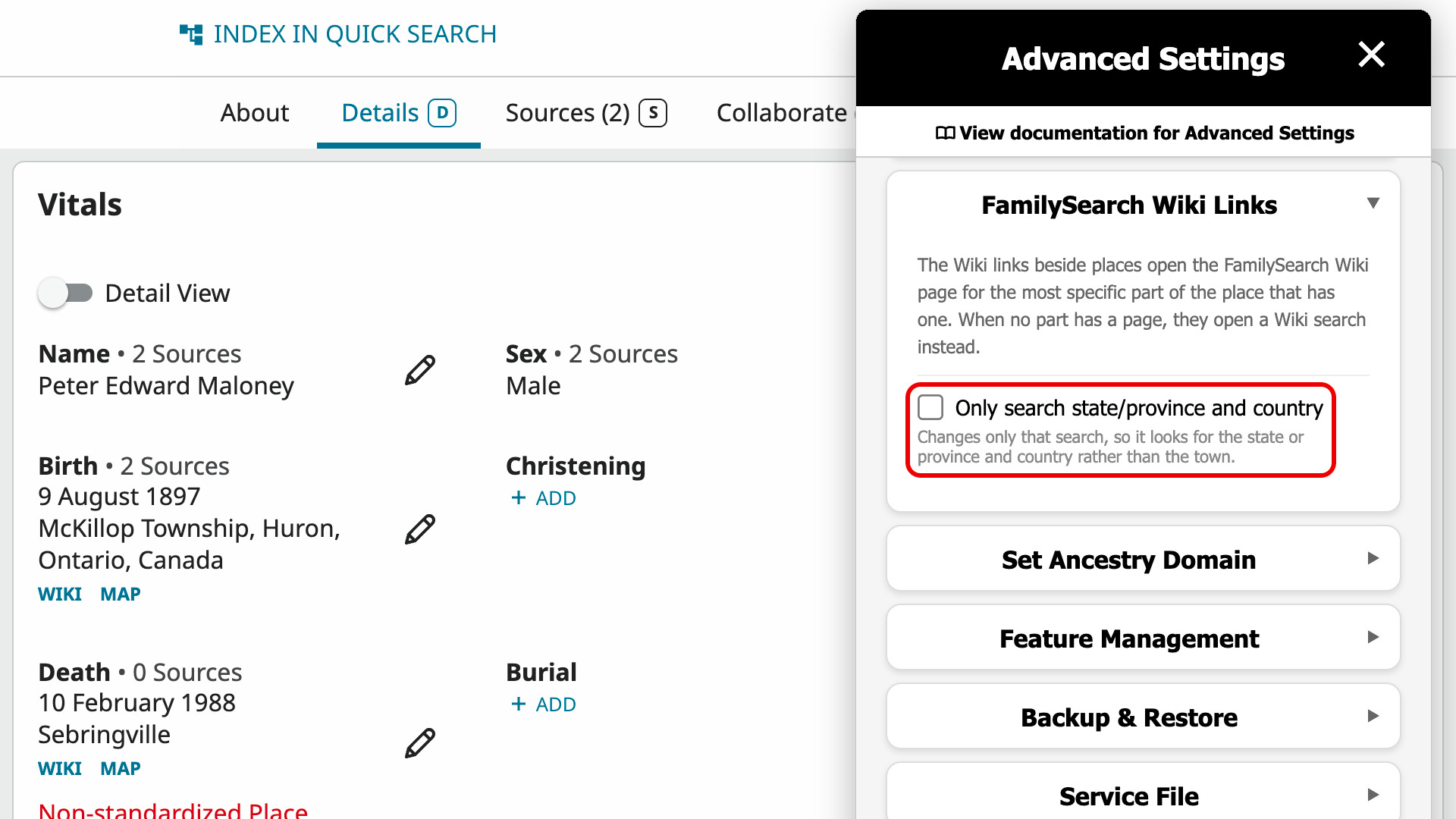 Advanced Settings open in the Genealogy Assistant pop-up over a FamilySearch person page with Wiki and Map links under the birth and death places, with Only search state/province and country and its hint outlined in red.