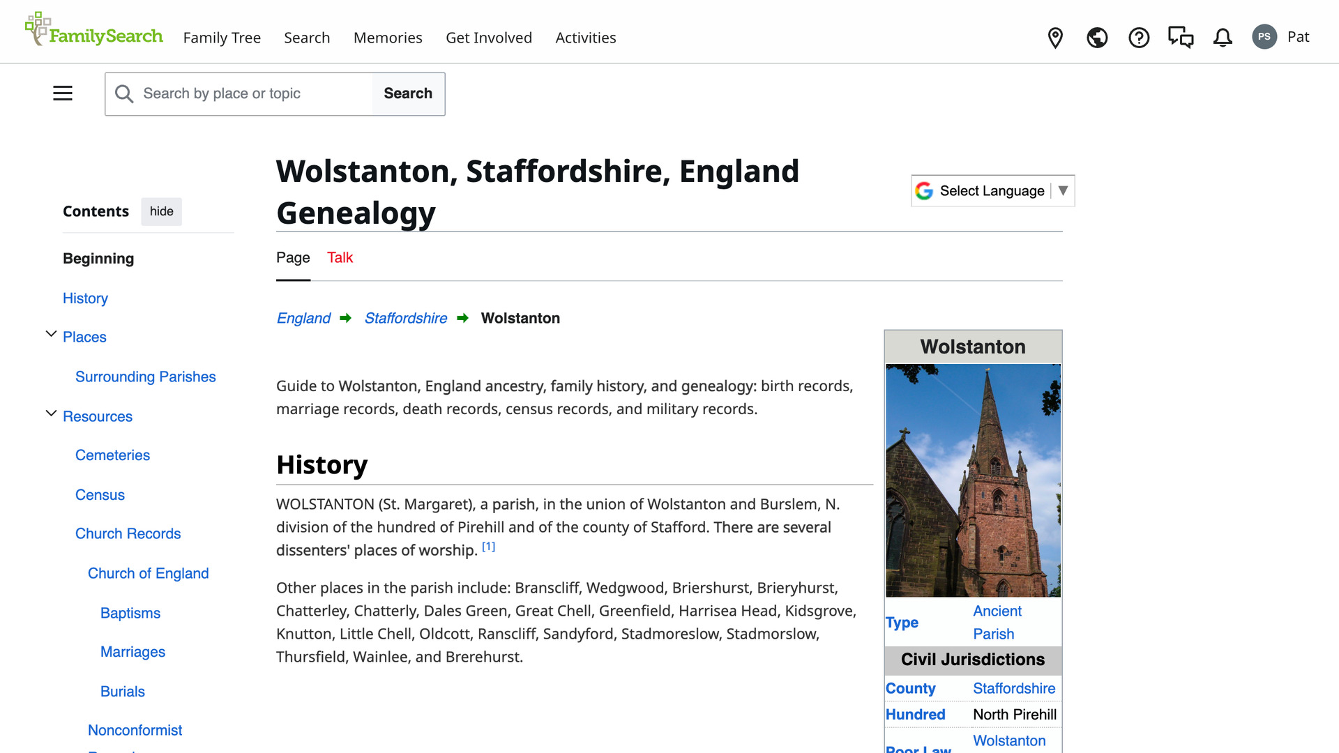 The FamilySearch Research Wiki page Wolstanton, Staffordshire, England Genealogy, opened from the Wiki link under a place in William Goodfellow's facts.