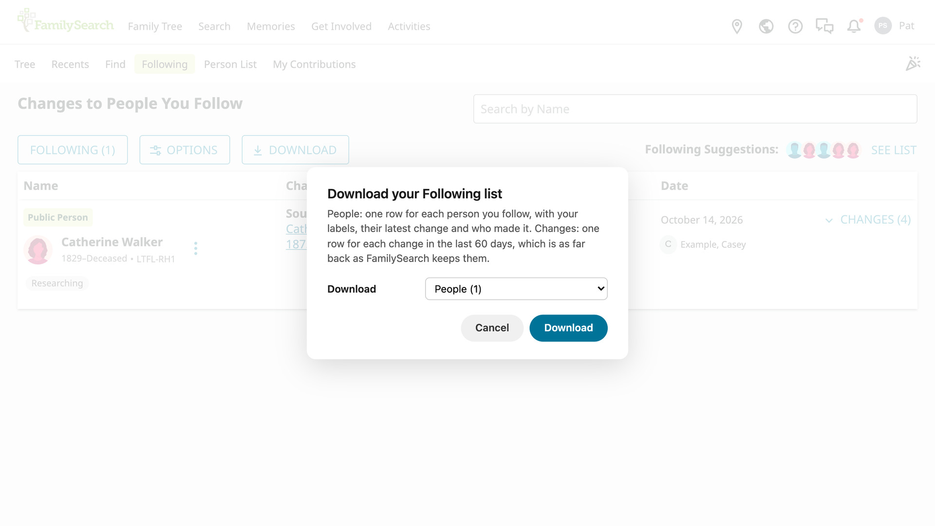 The Download your Following list window over the Following page, explaining the People and Changes lists, with People chosen in the Download menu and Cancel and Download buttons.