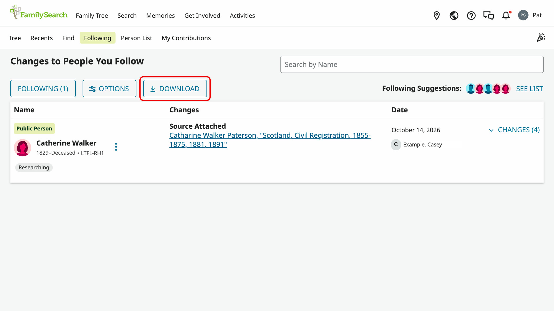 The FamilySearch Following page with the Download button after Options outlined in red, above the list of people followed with their labels and latest changes.