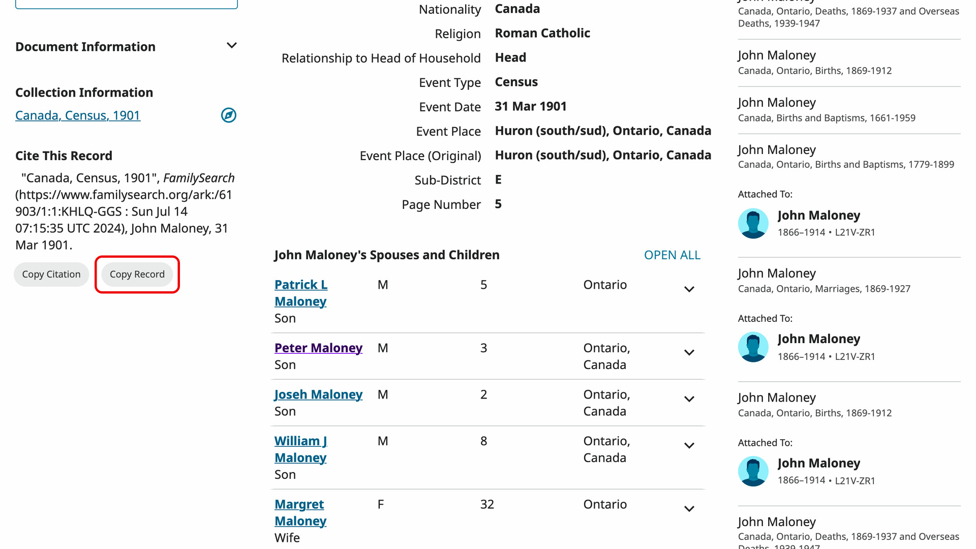 The citation section of the FamilySearch record page, with the Copy Record button beside Copy Citation outlined in red.