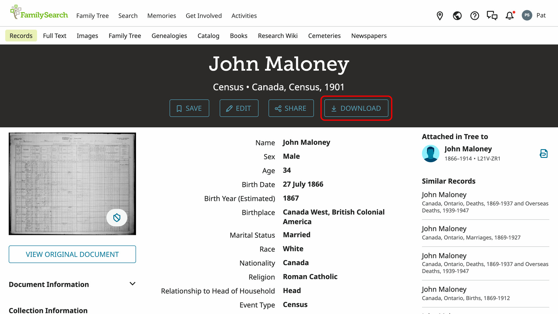 A FamilySearch record page for a 1901 Canadian census household, with the Download button after Share under the record's title outlined in red.