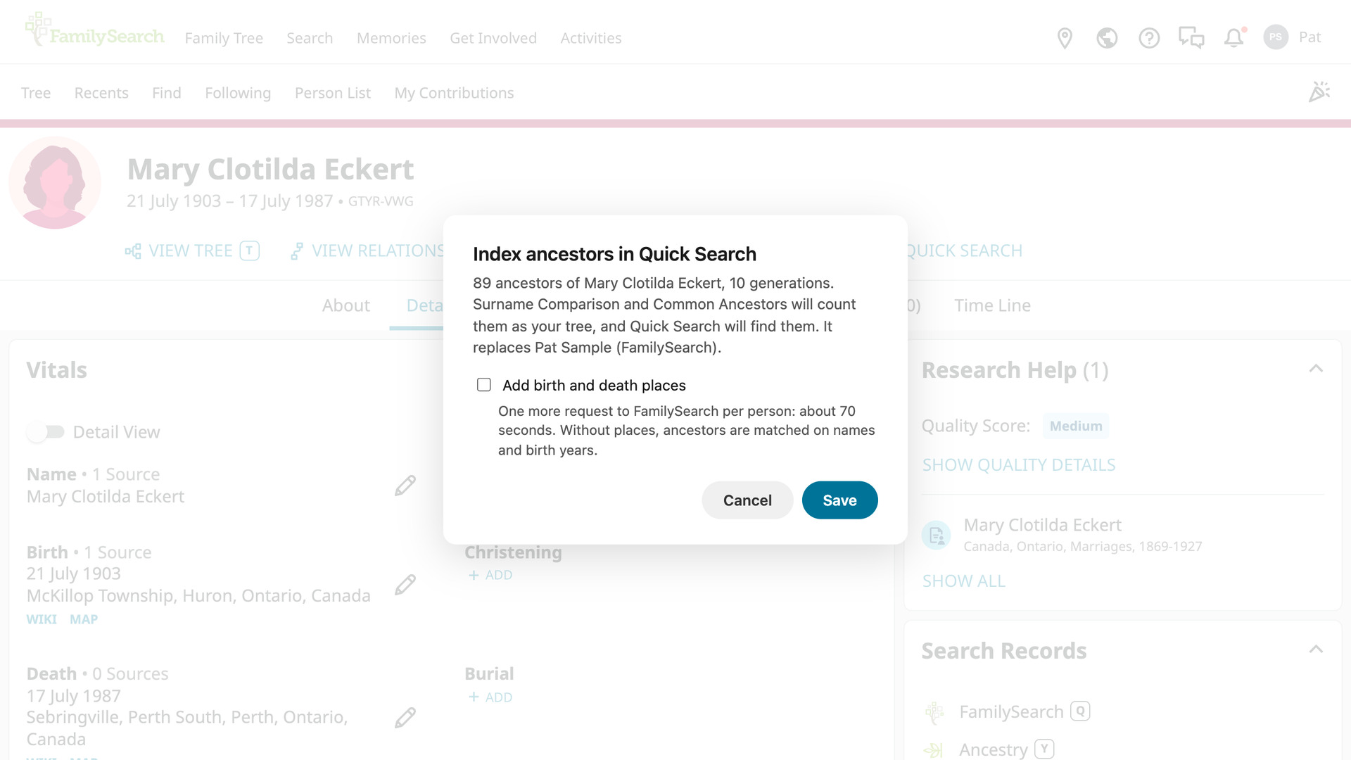 The Index ancestors in Quick Search window over a FamilySearch person page, saying 89 ancestors of Mary Clotilda Eckert were found in 10 generations, with the Add birth and death places checkbox, its time estimate, and Cancel and Save buttons.