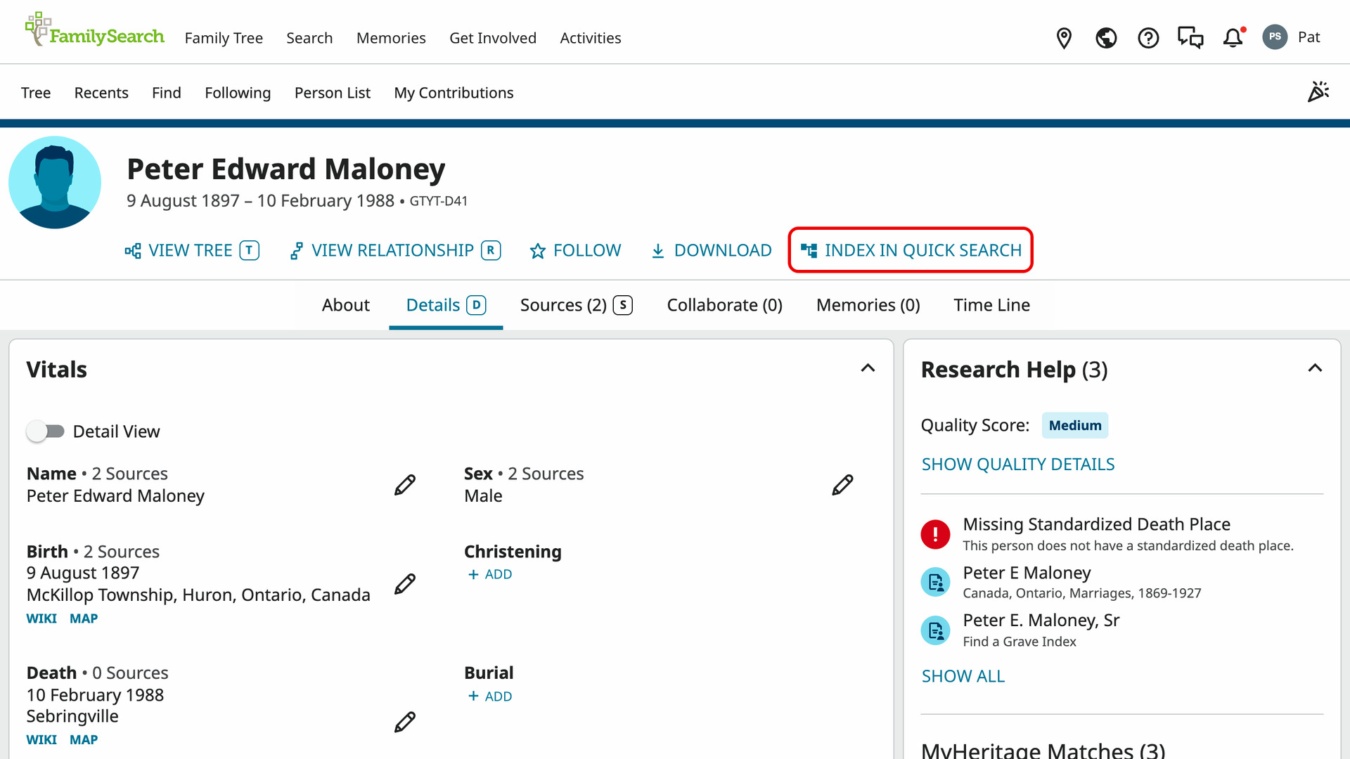 A FamilySearch person page with the Index in Quick Search link after View Tree, View Relationship, Follow and Download outlined in red.