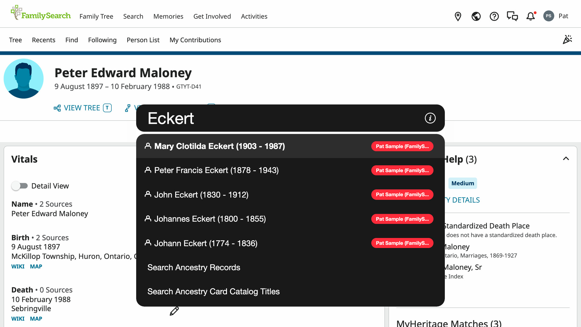 The Quick Search prompt with Eckert typed, listing five Eckert ancestors saved from FamilySearch with their years, each with the FamilySearch tree's red label.