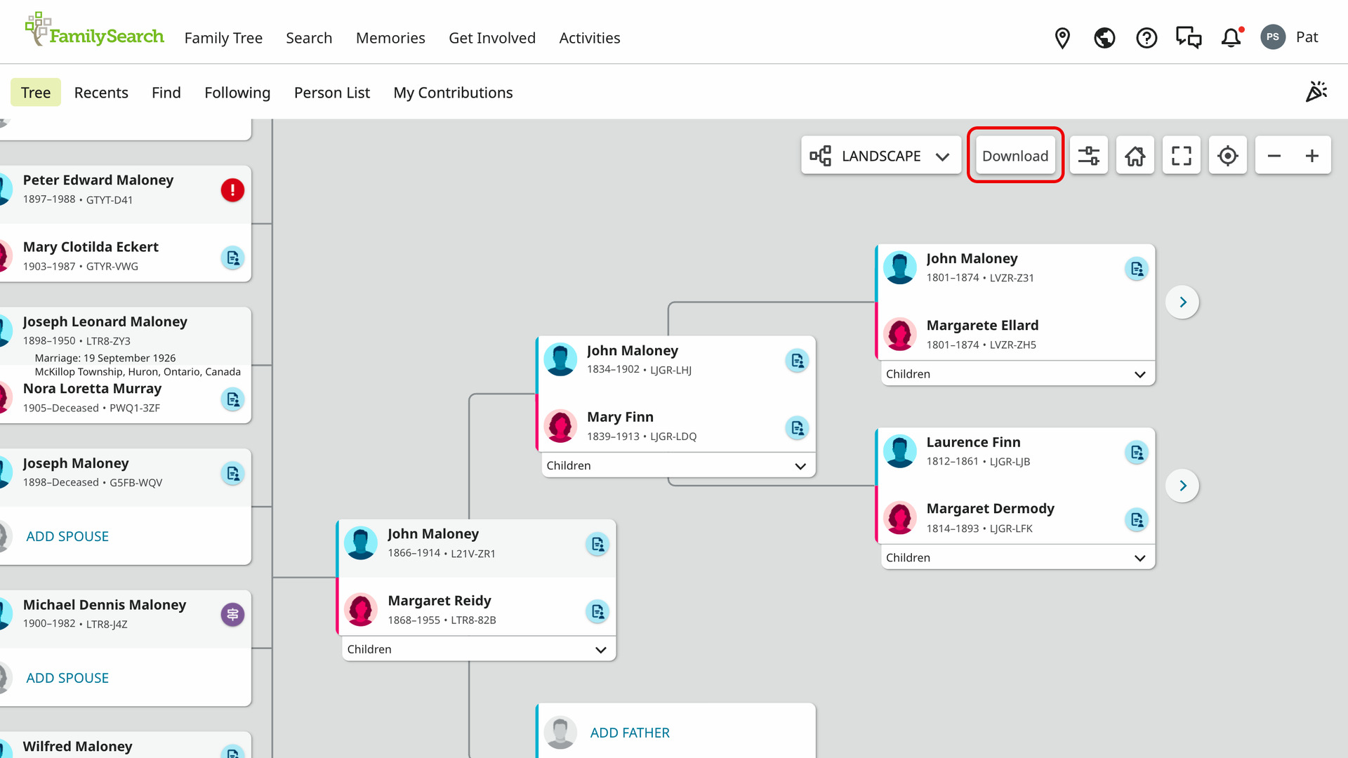 The FamilySearch Family Tree in Landscape view for John Maloney (1866 to 1914), with the Download button right of the Landscape view menu outlined in red.