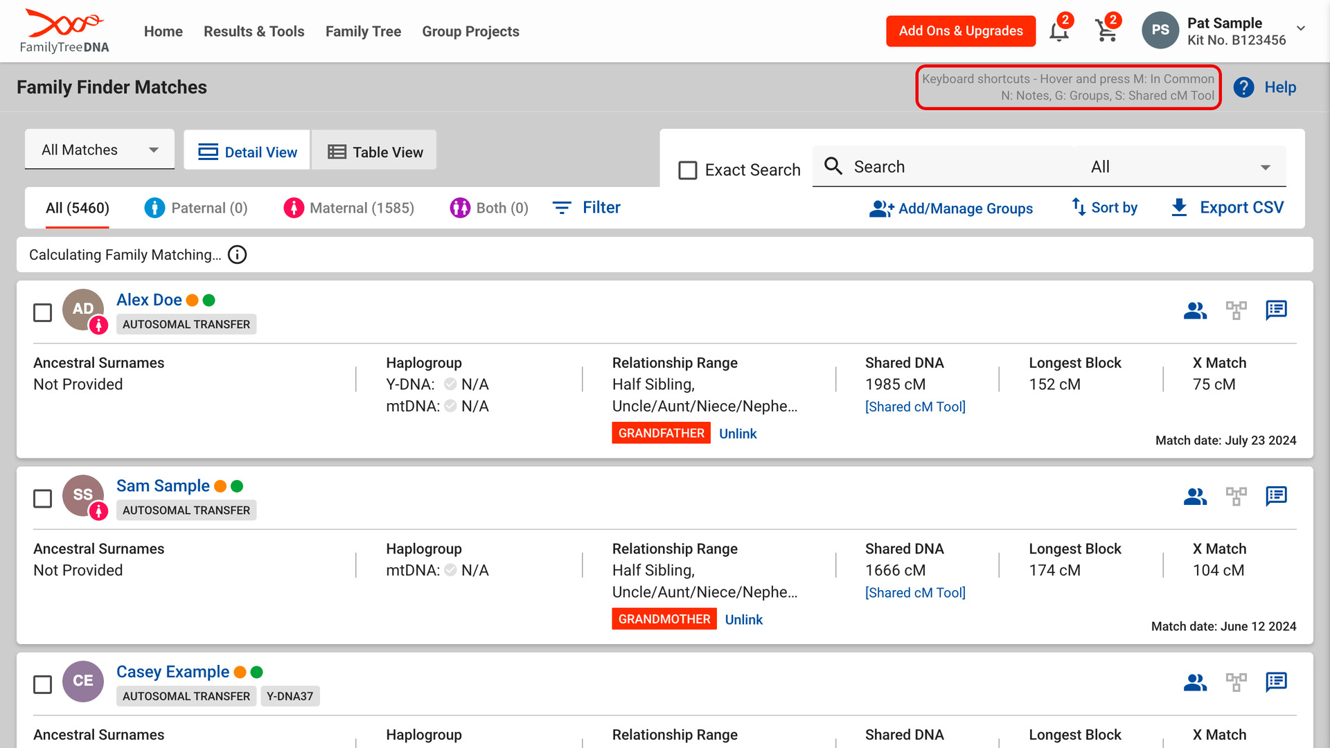 The top of the FamilyTreeDNA Family Finder matches list in Detail View, with the two Keyboard shortcuts lines beside Help outlined in red, listing M, N, G and S.