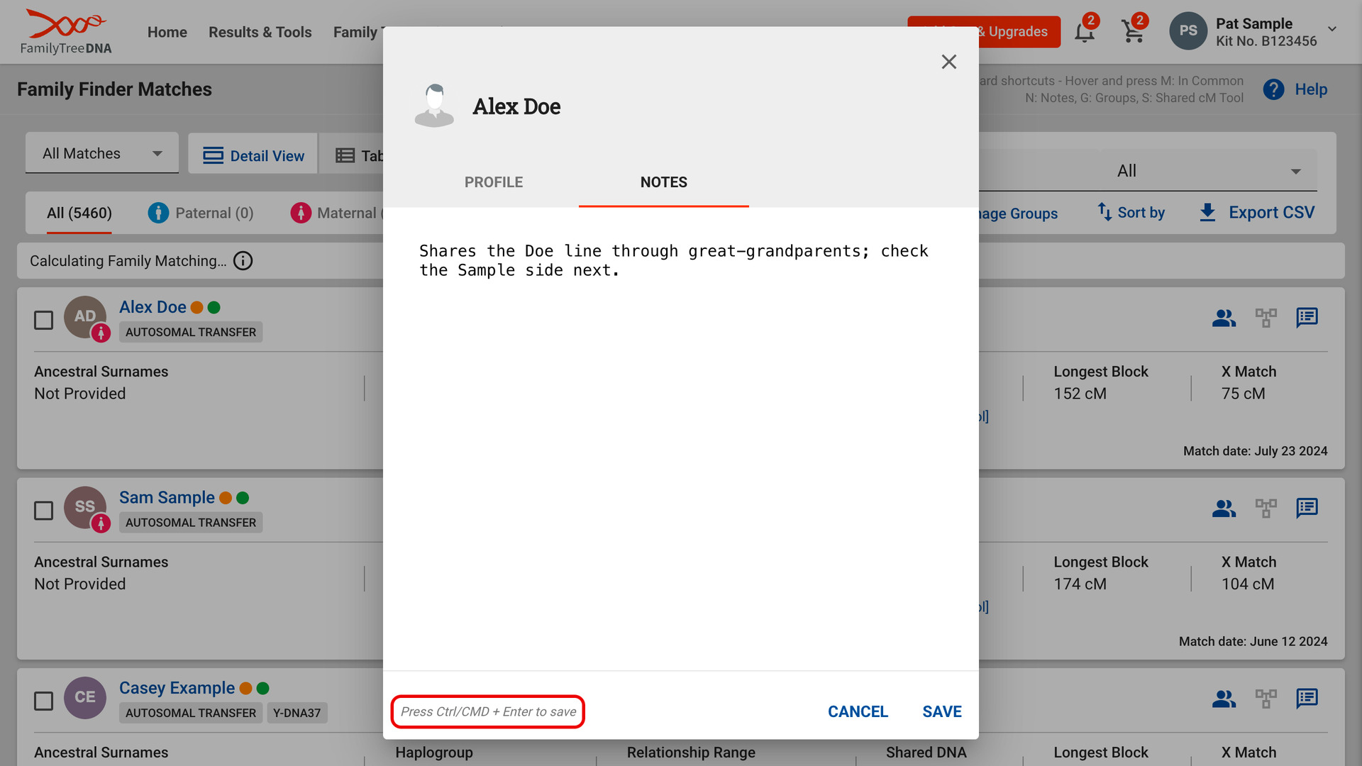 A match's note open for editing over the FamilyTreeDNA matches list, with a note typed and the line Press Ctrl/CMD + Enter to save outlined in red beside the Cancel and Save buttons.