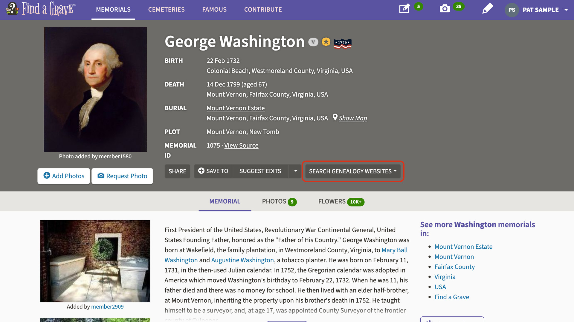 A FindAGrave memorial page with the Search Genealogy Websites button at the end of the row beside Share outlined in red.