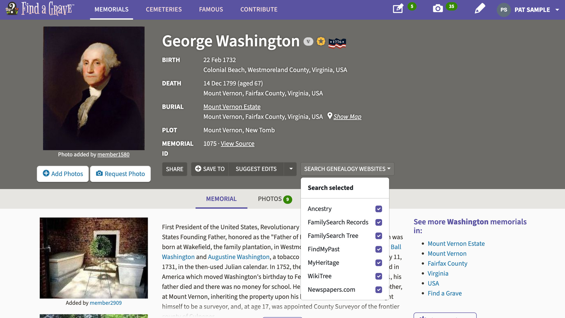 The Search Genealogy Websites menu open on a FindAGrave memorial, listing Search selected and then Ancestry, FamilySearch Records, FamilySearch Tree, FindMyPast, MyHeritage, WikiTree and Newspapers.com with tick boxes.